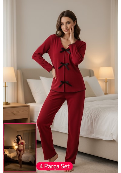 Fantezia Night Kadın Bordo Fiyonklu İç Çamaşırı Ve Uzun Kollu V Yaka Pijama Takımı 4'lü Set