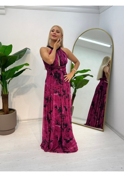 E&a Eren Abiye Stefani Yaka Şifon Kloş Elbise Pembe
