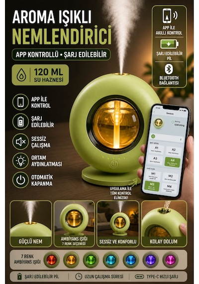 Ultrasonik Hava Nemlendirici Aroma Difüzör 120ml Usb Ve Pilli Çalışan Uygulama Kontrolü Zaman Ayarlı Krem