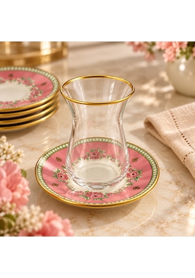6 Kişilik Çay Seti Çay Bardağı Takımı Pembe Çiçekli Altın Yaldızlı