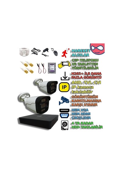 2'li 5mp 4 Warm Led Li Renkli Kayıt Destekli Pvc Kasa Kamera Seti