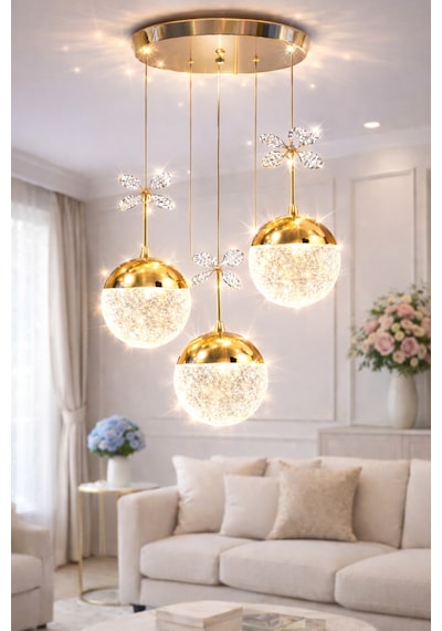 Grate Model Gold Kaplama 3 Renk Salon Mutfak Oturma Odası Led Spor Modern Sarkıt Avize
