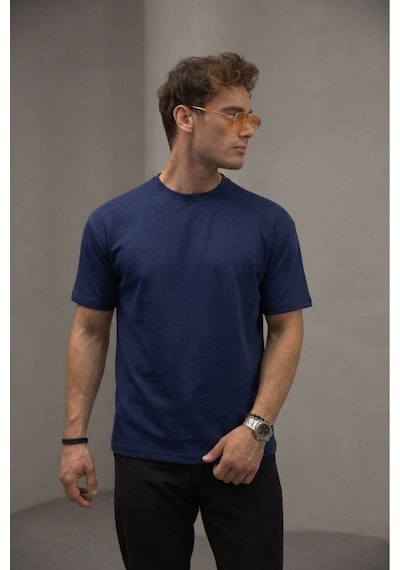 Bürke Lacivert Renk Standart Kalıp Basic Bisiklet Yaka T-shirt