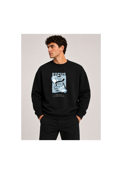 Herkesemoda Focus Baskı Detaylı Bisiklet Yaka Şardonlu 2 İplik Sweatshirt Siyah