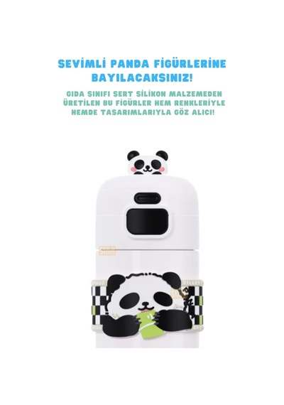 Diller 480ml Sevimli Hayvanlar Süslü Pipetli/pipetsiz El Askılı Paslanmaz Çelik Termos Panda