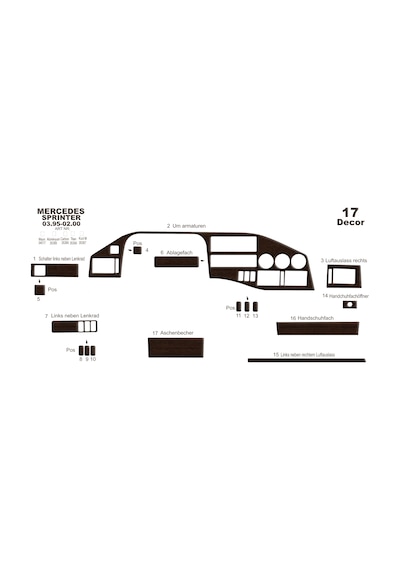 Mercedes Sprinter Volt Torpido Kaplama 1995-2000 17 Parça Koyu Meşe