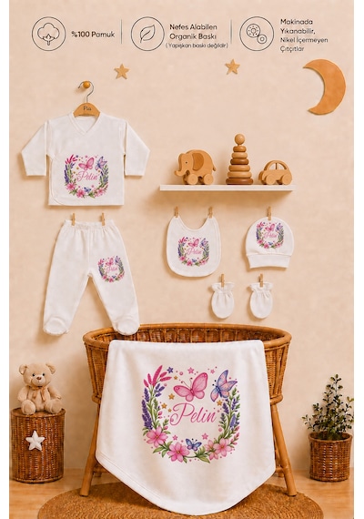 Pia Baby İsimli Kız Bebek Hastane Çıkışı 10 Parça %100 Pamuk Organik Baskılı Kişiye Özel Set 2088100x Ekru