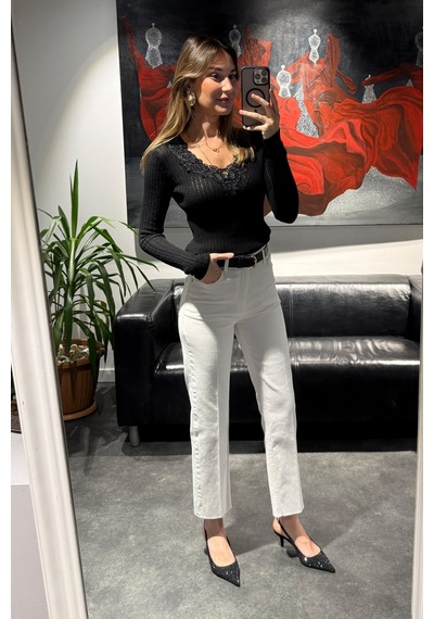 5in1Canpolat Siyah Dantelli V Yaka Merserize Triko 261034