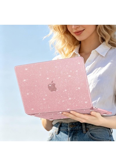 Macbook Uyumlu Neo 13inç A18 Pro A3404 Kılıf Simli Ön Arka Kapak Pembe