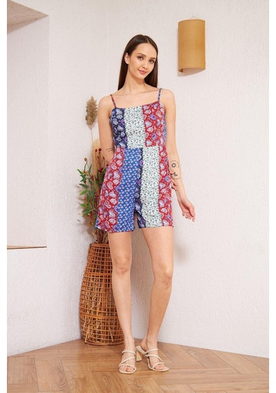 Bordo Desenli Patchwork Şort Tulum Dm4003 Mavi