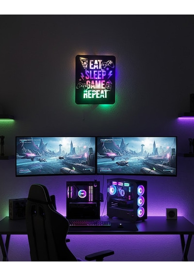 Oyun Odasının Kalbi - Eat Sleep Game Repeat Gamer Işıklı Duvar Dekorasyonu 40x30 Cm