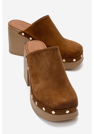 Luvishoes Bellune Taba Süet Hakiki Deri Perçin Detaylı Kadın Kalın Topuklu Terlik