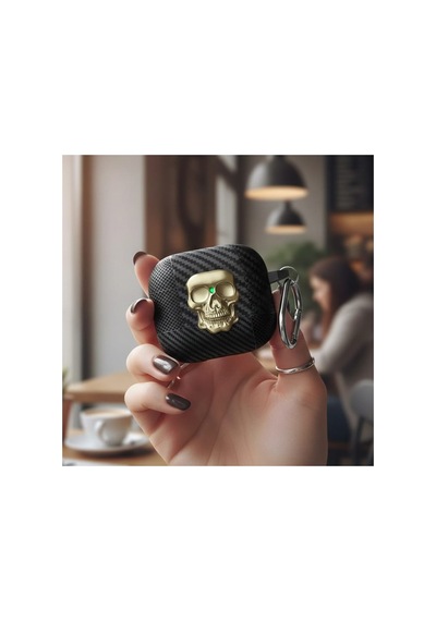 Caseonn Apple Airpods Uyumlu 5 Kılıf Güvenli Kilitli Kuru Kafa Karbon Gold