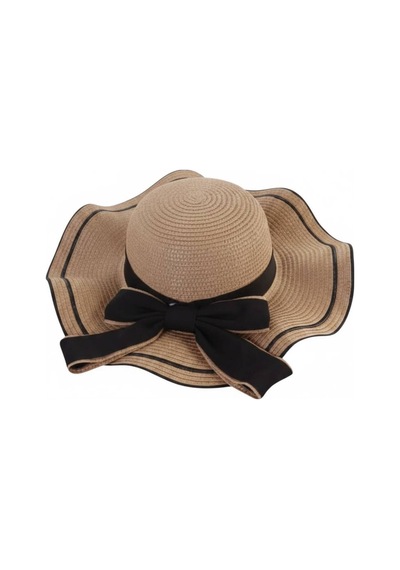 Giyu Shop Kadın Dalgalı Geniş Siperli Fiyonklu Yazlık Organik Hasır Şapka Camel
