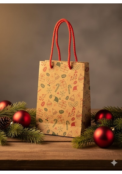 Yılbaşı Desenli Kraft Karton Çanta Seti - 6lı, Kırmızı Saplı Parti, Noel, Hediye Çantası, 12x17 Cm Standart