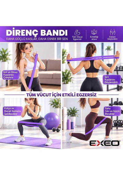 Exeo Foam Roller 5 Li Masaj Egzersiz Seti Rulo Top Direnç Bandı Pilates Yoga Fitness Mor