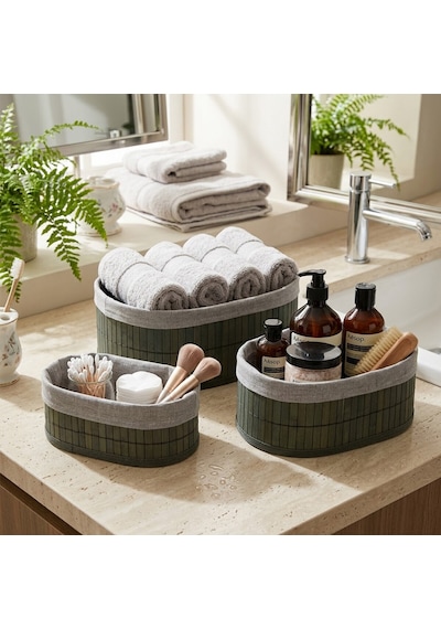 Go İthalat Gri 3 Boy Oval Bambu Kenar Organizer Sepet Ahşap Altlık - Bezli 12x21-16x25-20x30cm