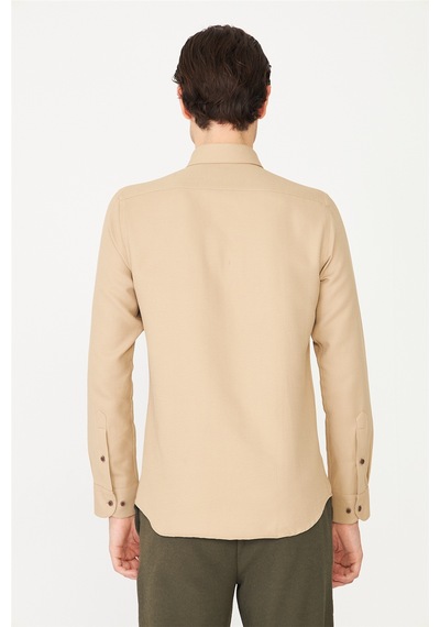 Krem Düğmeli Yaka Uzun Kollu Gömlek Slim Fit Camel