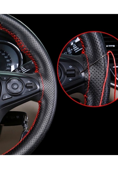 Fiat Egea Uyumlu Dikmeli Direksiyon Kılıfı Noktalı-kırmızı Ipli 38cm 10,5cm
