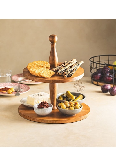 Justwood 2 Katlı Düz Tabaklı Ahşap Kek Pasta Sunumluk Standı, Ser