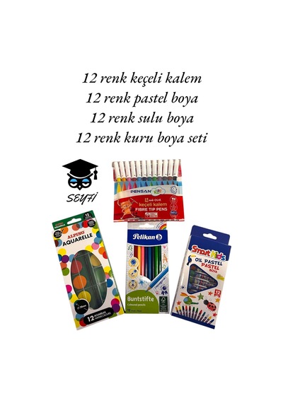 12 Renk Keçeli Kalem 12 Renk Pastel Boya 12 Renk Sulu Boya 12 Renk Kuru Boya Set-1