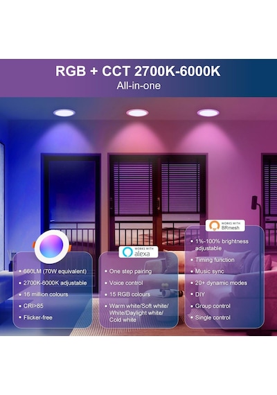 Smart Led Spot Lamba, 6000k Beyaz, 220v, Telefon Uygulaması İle Kontrol Edilebilir, Rgb Renk Değiştiren Dusktec 110m Çok Renkli