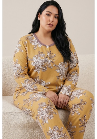 Siyah İnci Pamuklu Likralı Büyük Beden Battal Boy Örme Pijama Takım26240949 Hardal