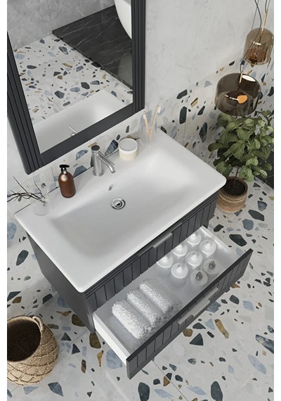 Erguvan Gümüş Kulp Antrasit 80 Cm %100 Mdf Lavabolu Banyo Dolabı Ayna Antrasit