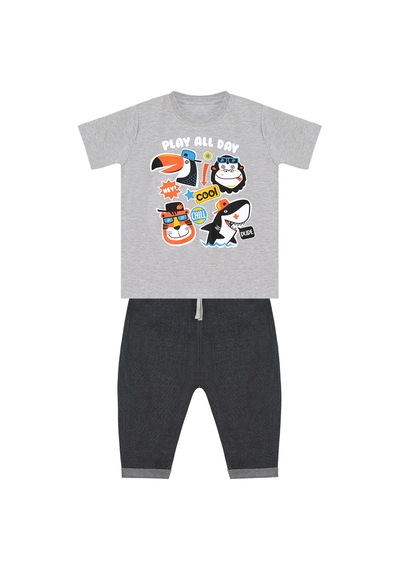 Cool Animals Siyah Erkek Çocuk Yazlık T-shirt Kapri Şort Takım