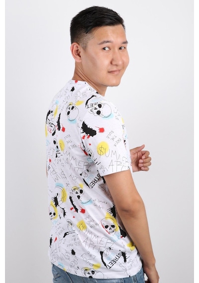 Rich Erkek Bisiklet Yaka Baskılı T-shirt %100 Pamuk Tişört Beyaz