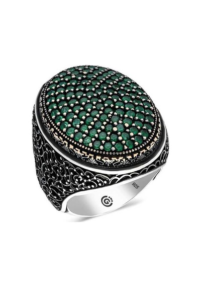 Gumush Gümüş Yeşil Zirkon Taşlı Oval Erkek Yüzük  551185726