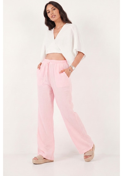 Lela Pamuklu Bağlamalı Relaxed Fit Yüksek Bel Geniş Paça Müslin Pantolon Bayan Pantolon 5866663 Pembe