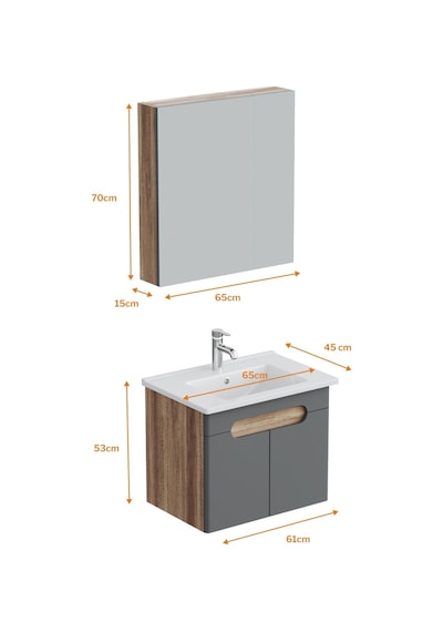 Aqua Bagno Luvi Alt Dolap + Üst Dolap -lavabo Dahil-65 Cm.-3 Parça Antrasit Gri - Atlantik Çam Aqua Bagno Luvi Alt Dolap + Üst Dolap -lavabo Dahil-65 Cm.-3 Parça Antrasit Gri - Atlantik Çam