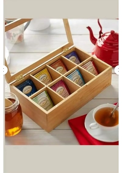 8 Bölmeli Bambu Poşet Çay Kutusu Bambu Organizer Kutu Takı Aksesuar Kutusu 30x20x7cm. Diğer