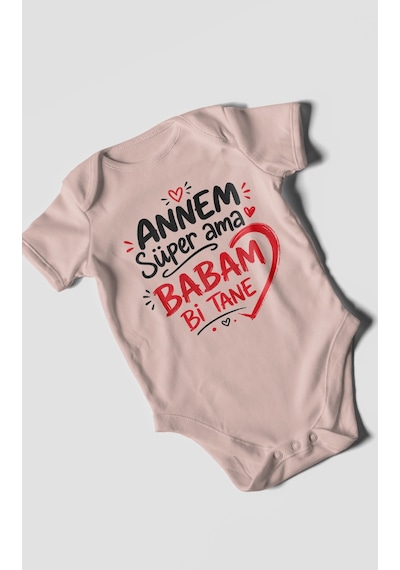 Morivokids Annem Süper Ama Babam Bi Tane Kısa Kollu Bebek Body %100 Pamuk Pastel Pembe