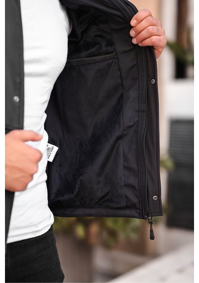 Erkek Mavi Kapüşonlu Softshell Su Ve Rüzgar Geçirmez Içi Kürklü Mont Siyah