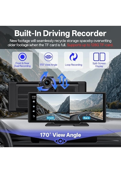Araba Dvr Ekran, 10.26 İnç Ips Ekran, Kablosuz Carplay Ve Android Auto, 170 Ön Kamera