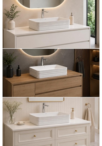 Lena E-2106 Tezgah Üstü Porselen Lavabo Dikdörtgen Beyaz Set Üstü Lavabo