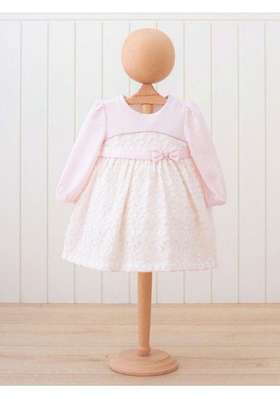 Miomini Baby Kız Bebek Çizgili Fiyonklu Şık Elbise-15173 Pudra