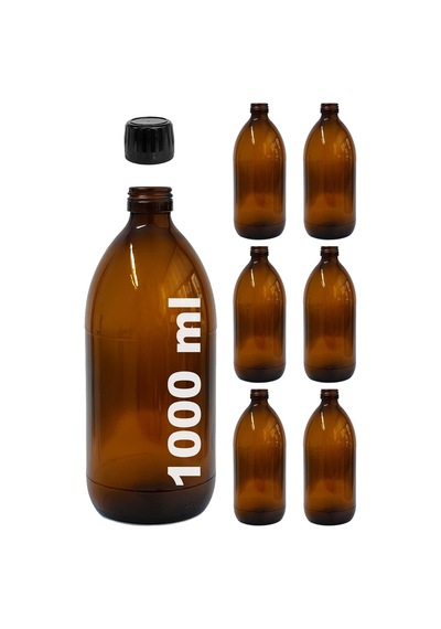 Amber Ecza Şişesi, 1000 Ml, Kahverengi Cam, Plastik Contalı Kilit Kapak, Hava Ve Sıvı Sızdırmaz, 28mm Ağız Çaplı, Parfüm Demlemek İçin Uygun, 6 Adet 1000, Siyah Kapak