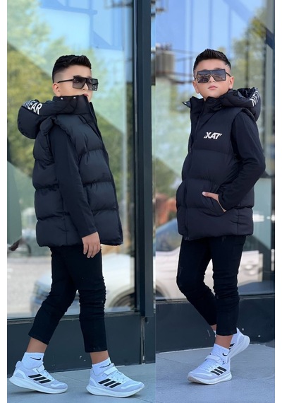 Pina Kids Erkek Çocuk Baskılı Çıkarılabilir Kapüşonlu Şişme Yelek 3017 Siyah