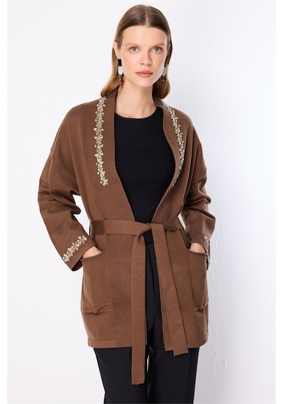 On Kadın Beli Kuşaklı Taşlı Triko Hırka 10903 Kahverengi