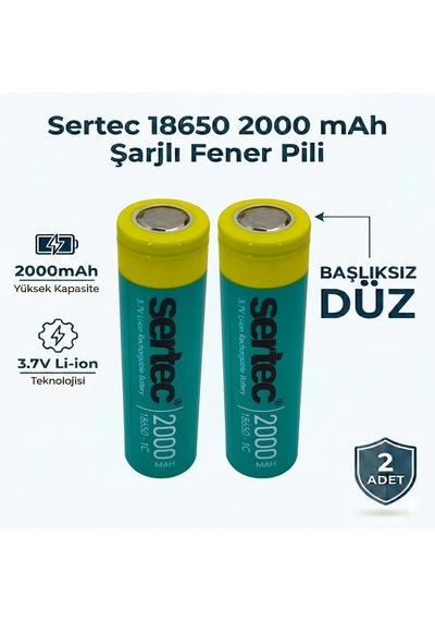 Sertec 18650 Şarjlı Pil 2000mah Fener Pili 3.7v Li-ion Başlıksız Düz 2li