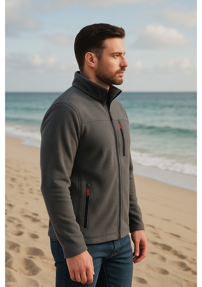 Luxıc Core Erkek Koyu Gri Fermuarlı Polar Dik Yaka, Cepli, Günlük & Outdoor Kullanım