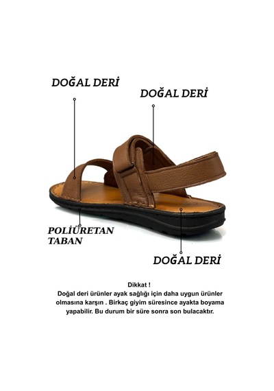 Sermoda Hakiki Gerçek Deri Cırtlı Erkek Sandalet Şırıngıl Taba