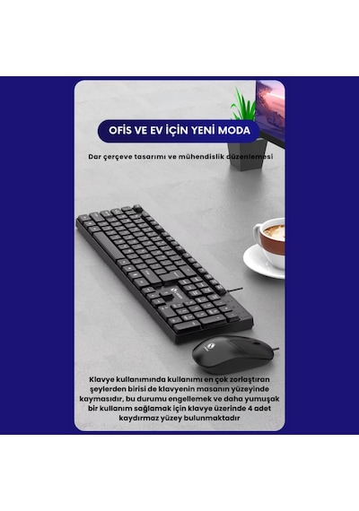 Coofbe Sessiz Yumuşak Tuşlu Ofis Bilgisayar Laptop Kablolu Klavye Ve Mouse Seti 104 Tuşlu Q Klavye