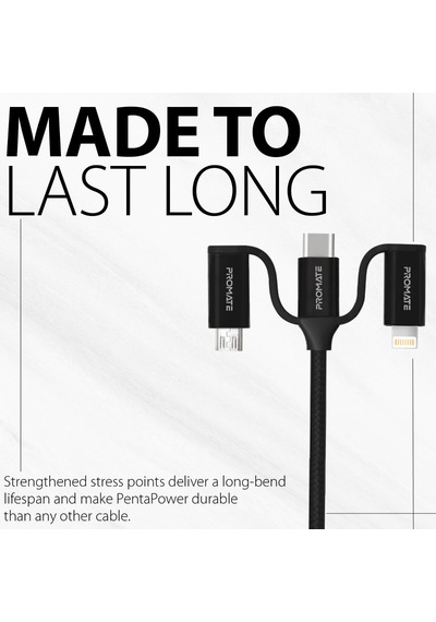 Promate Universal Lightning Type-C Micro-USB Şarj Kablosu Siyah