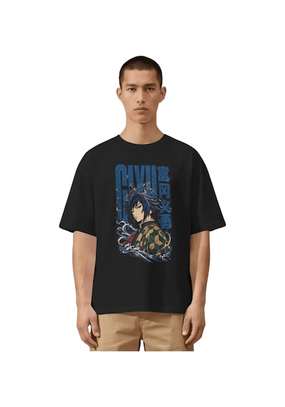Unisex Oversize Giyu Tomioka Demon Slayer Anime Karakter Ön Baskı Siyah