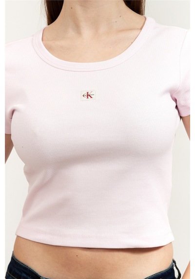 A- Woven Label 2x2 Rib Baby Tee Kadın Bisiklet Yaka T-shirt Pembe