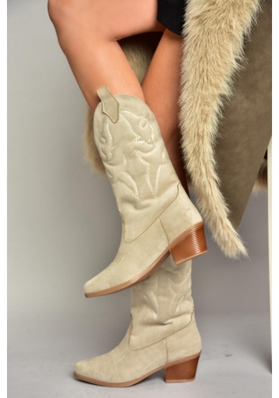 Fox Shoes T820088702 Ten Süet Kovboy Model Kadın Çizme Ten-Süet